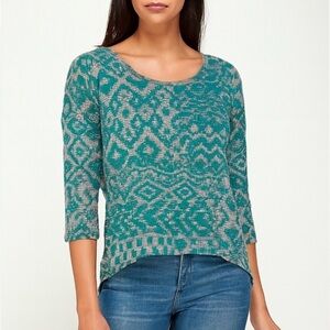 Moa Moa Green and Gray  High Low 3/4 Sleeve Crew Neck Knit  Top L